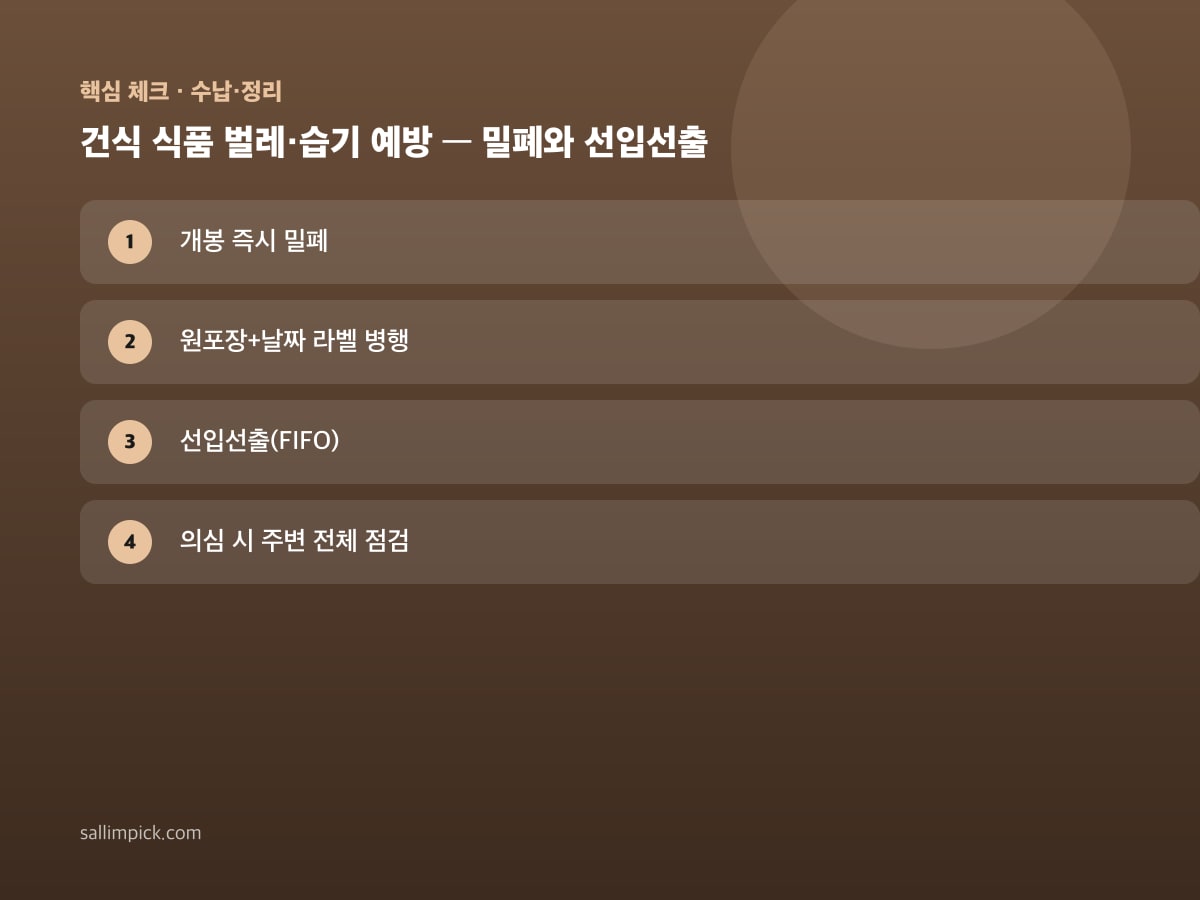 건식 식품 벌레·습기 예방 — 밀폐와 선입선출 — 본문 가이드 이미지