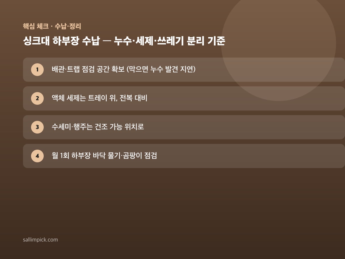 싱크대 하부장 수납 — 누수·세제·쓰레기 분리 기준 — 본문 가이드 이미지